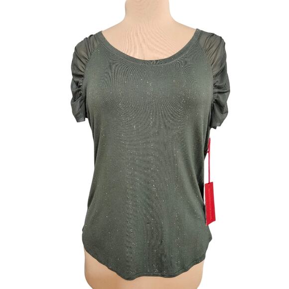 New Jennifer Lopez Metallic Green Women's Top Ruched Mesh Sleeve Large Tee - Picture 1 of 16